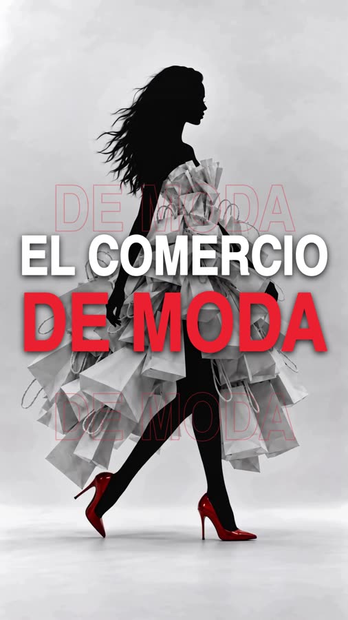 Fotograma del reel El comercio de moda con modelo caminando y tipografía animada