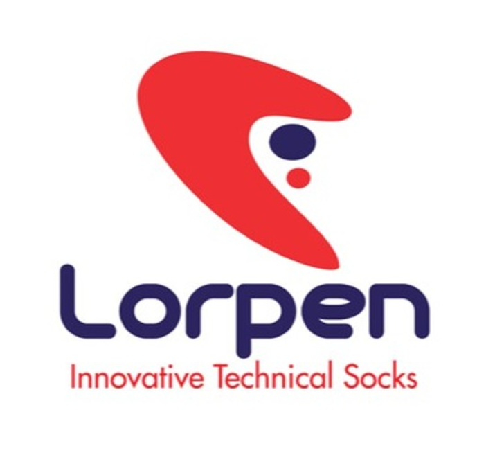 Logotipo de Lorpen: símbolo rojo, nombre azul oscuro y lema Innovative Technical Socks