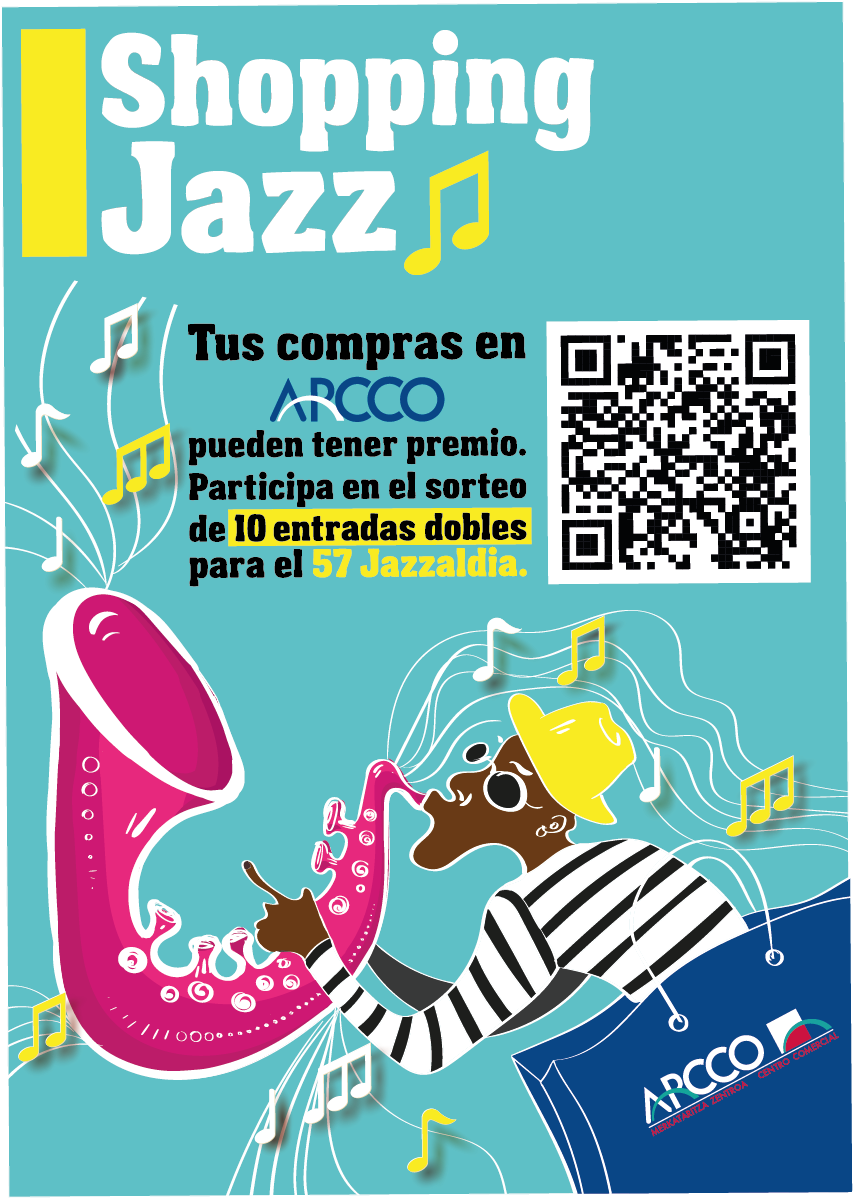 Cartel Shopping Jazz con saxofón, teclado, notas musicales, fondo turquesa y sorteo de entradas